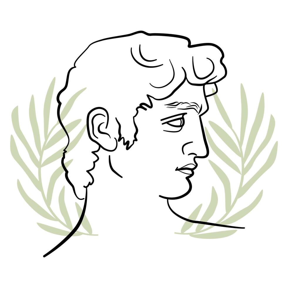 Michelangelo David profile in trendy aesthetic line art style. Male profile portrait with abstract olive leaves. vector