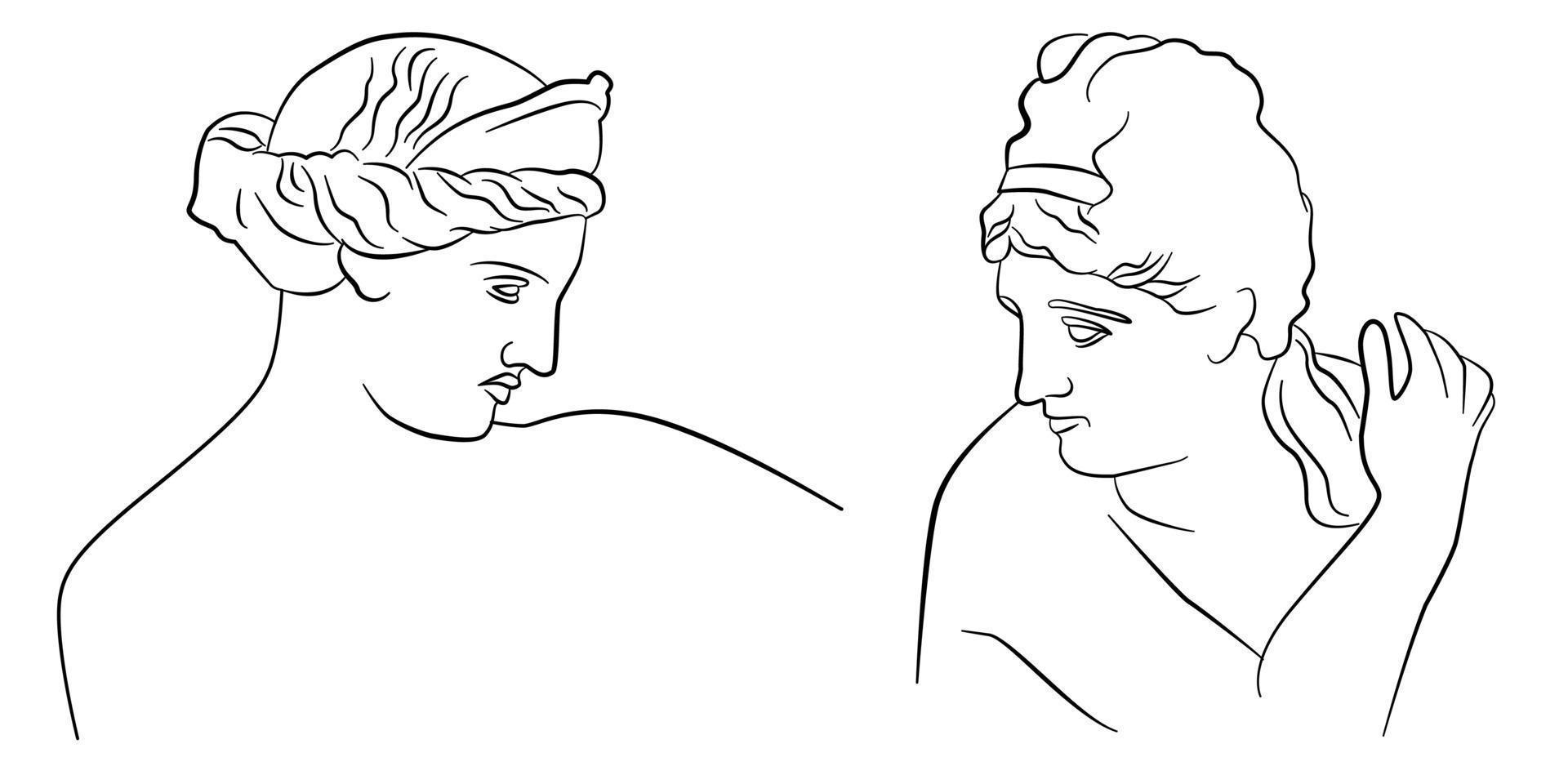 Trendy line sketches of famous statues. A set of illustrations representing goddesses. Aesthetic contour of female portraits. Feminine vector elements.