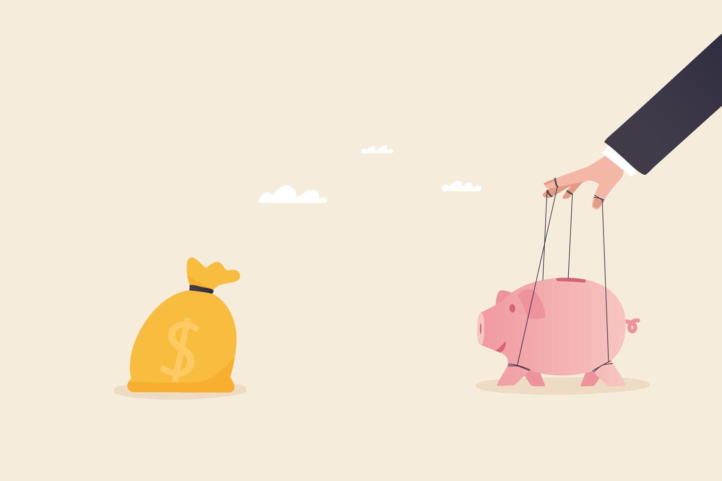 Financial control or Money control, Power to attract business opportunity and earn more profit or increase wealth. Piggy bank being controlled by puppeteer. vector