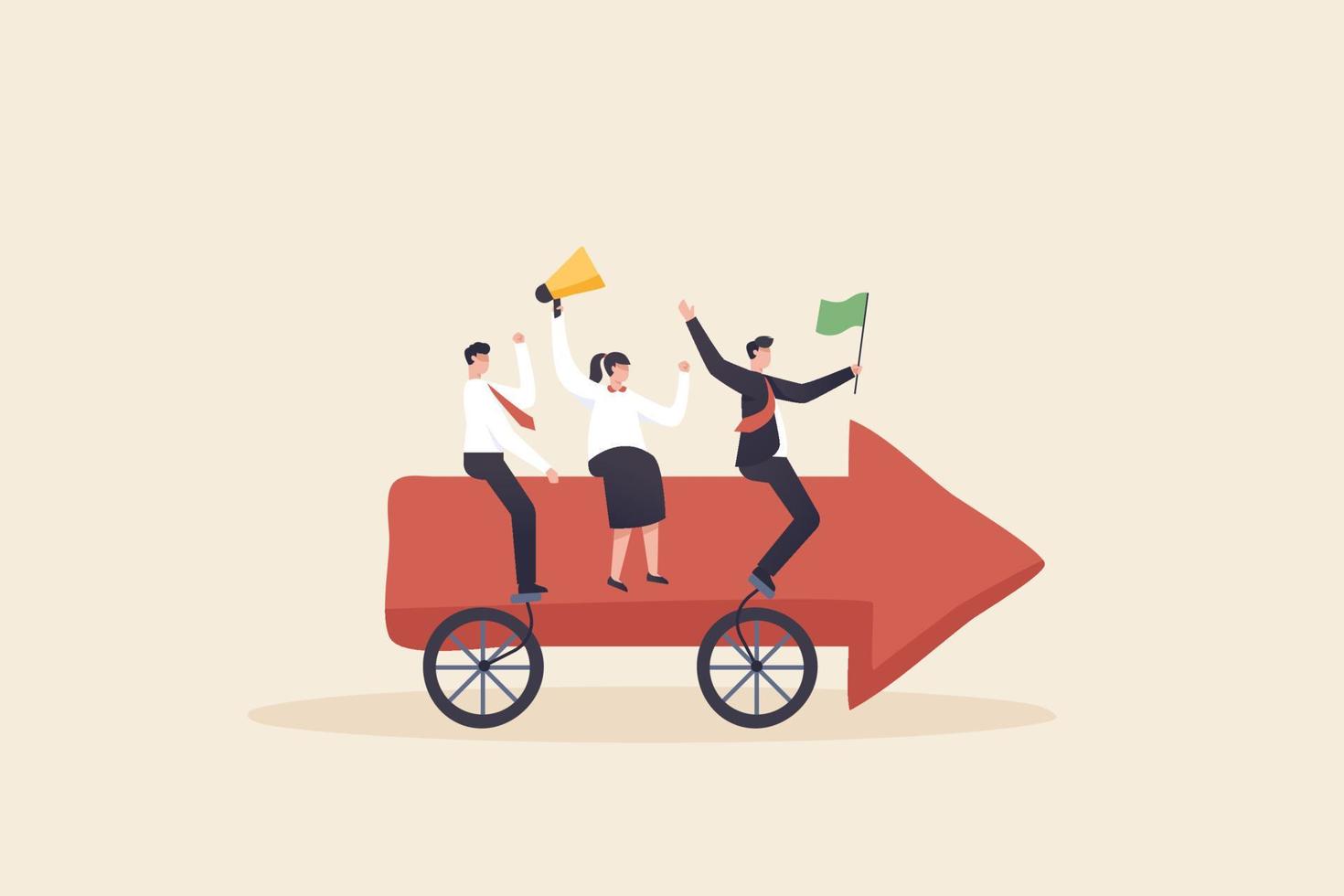 Business team ride arrow. Team of business people riding tandem bike together. sharing same business goal and direction, support and partnership for career growth concept. vector