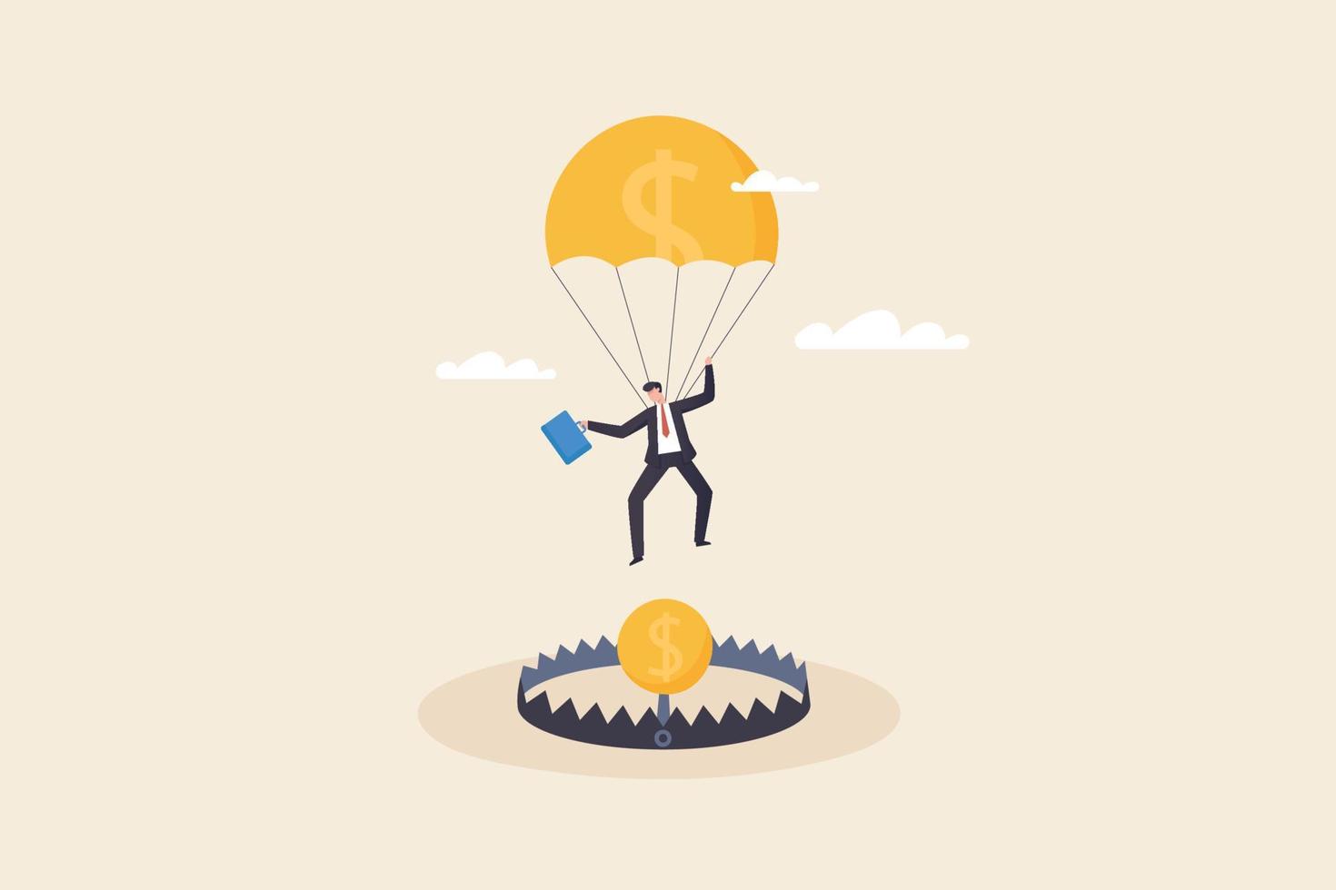 Businessman with parachute falling on money trap. vector