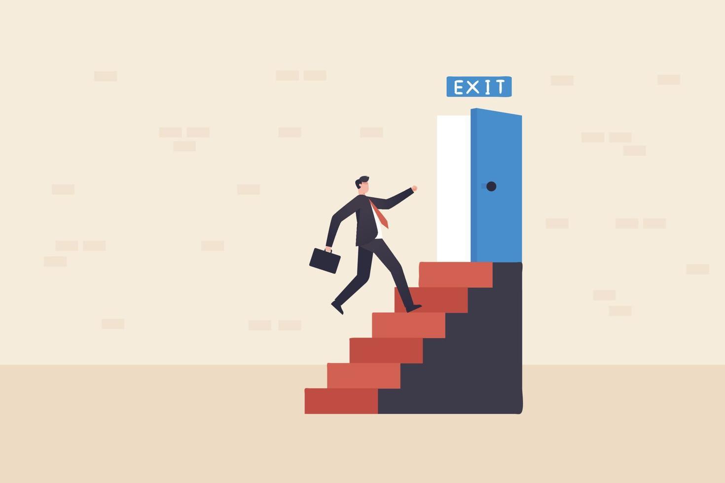 Businessman run to open exit door. Emergency escape and evacuation from office vector business concept.