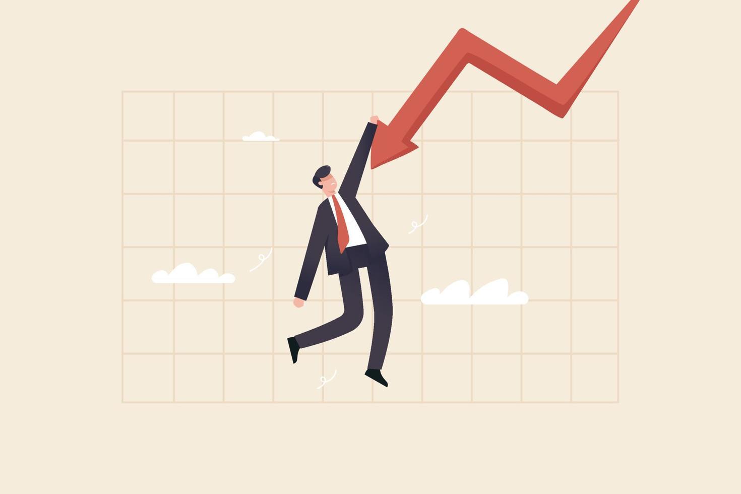 Businessman stuck on danger on arrow graph holding with one hand feeling insecure. financial investment volatility uncertainty or changes in business and the stock market due to risks. vector