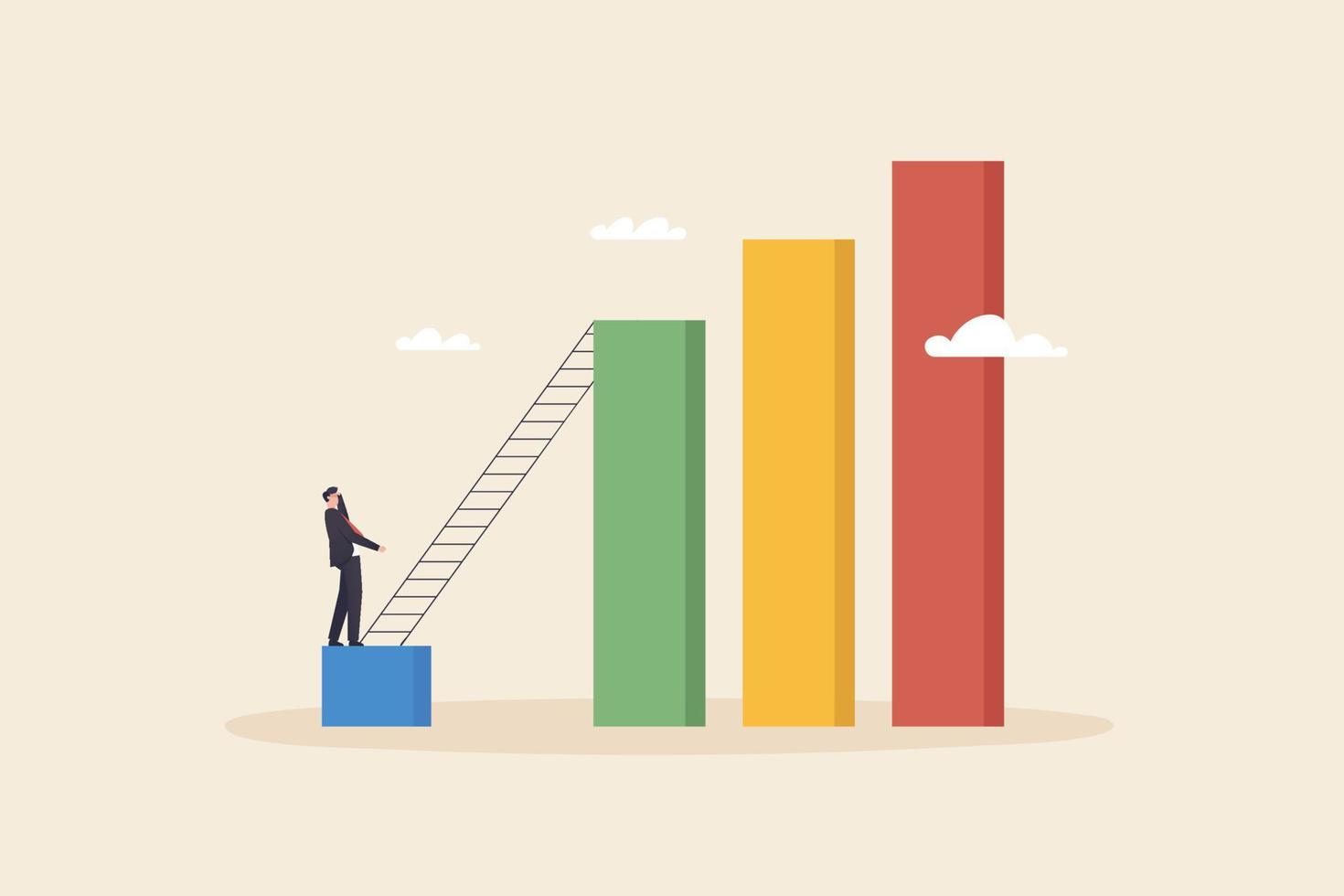 A young businessman stands on a small statistical cube and looks at a taller statistic cube. vision concept business growth. vector