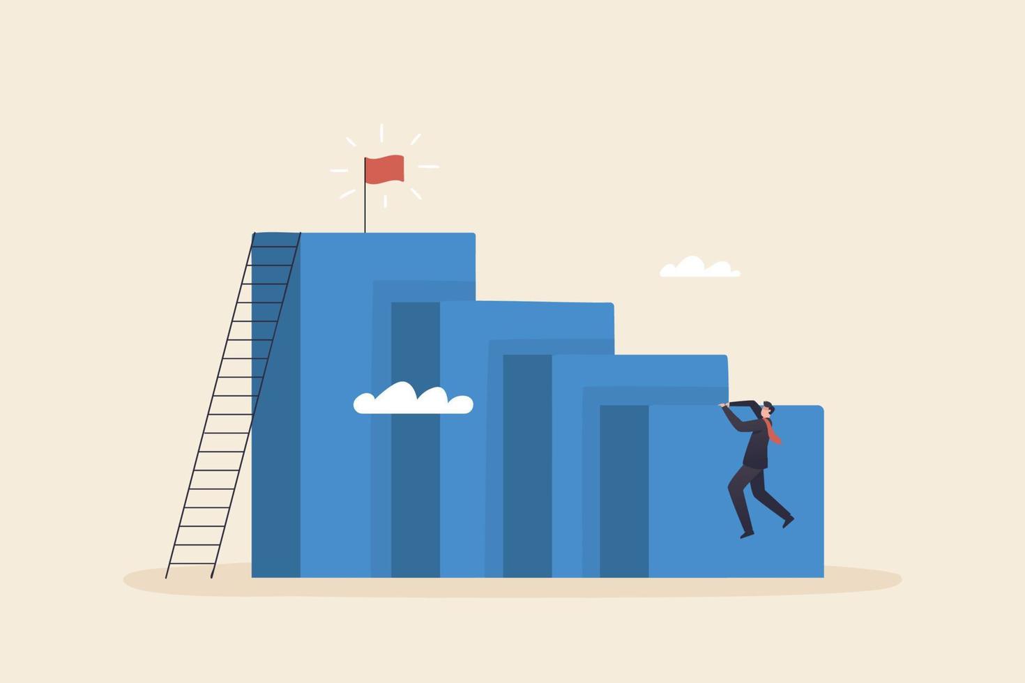 Self-improvement and personal progress are stages of growth. Achieving career goals and success A ladder of ambitions and possible success visions for the future. businessman climbing a high wall. vector