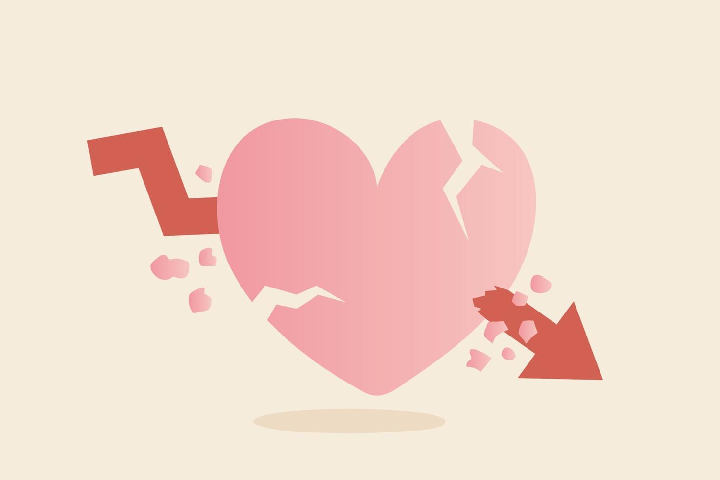 Heart attack or broken heart concept.  arrow doen pierced heart. vector