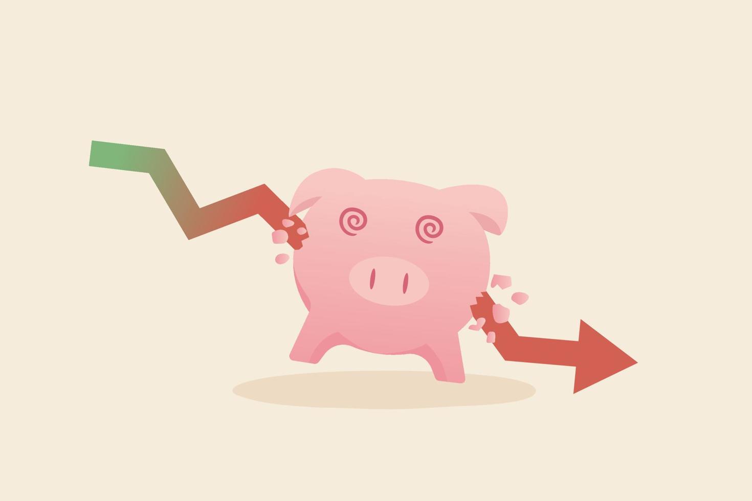 Money loss from investment , Economic crisis financial loss bankruptcy concept. Broken piggy bank destroy by down arrow. vector