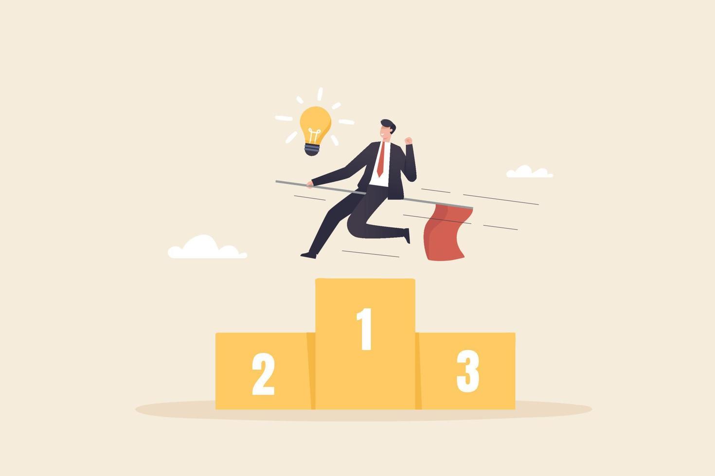 Different achievements, winner's success businessman standing or riding a red flag on winner podium. Business champion succeed to get reward, winning number one. vector