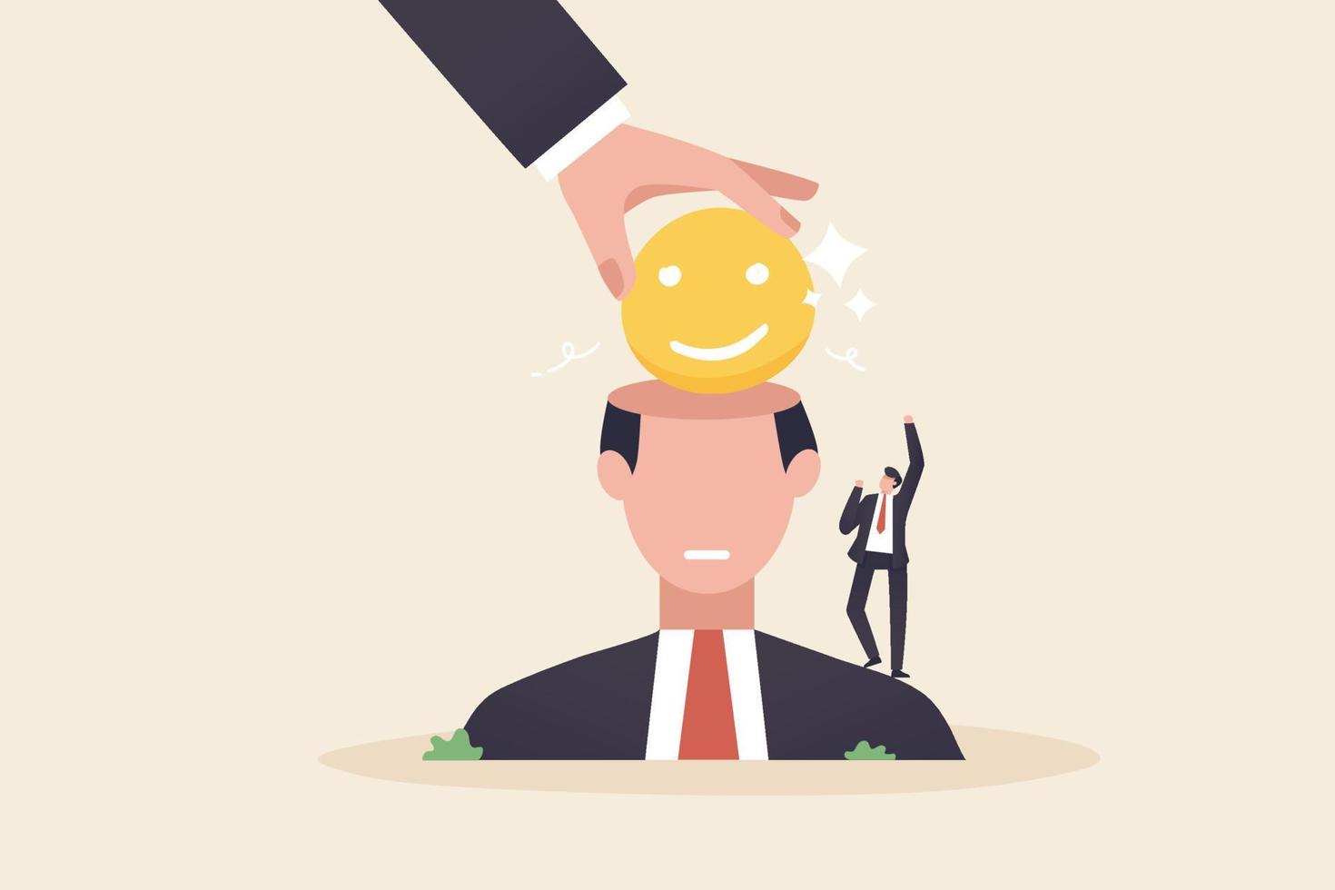 aumentar la motivación laboral cambiar de opinión, pensar en positivo, ser creativo. agregue una nueva actitud al negocio de la unidad de trabajo. una mano grande coloca una cara sonriente en un cerebro humano o en una cabeza grande. vector