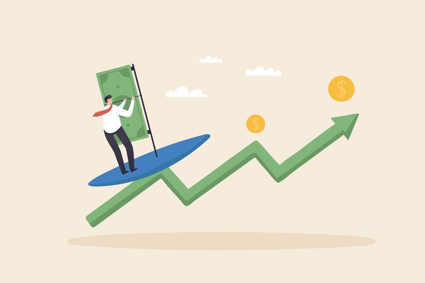 Success wave surf in business peak with ongoing money profit. vector