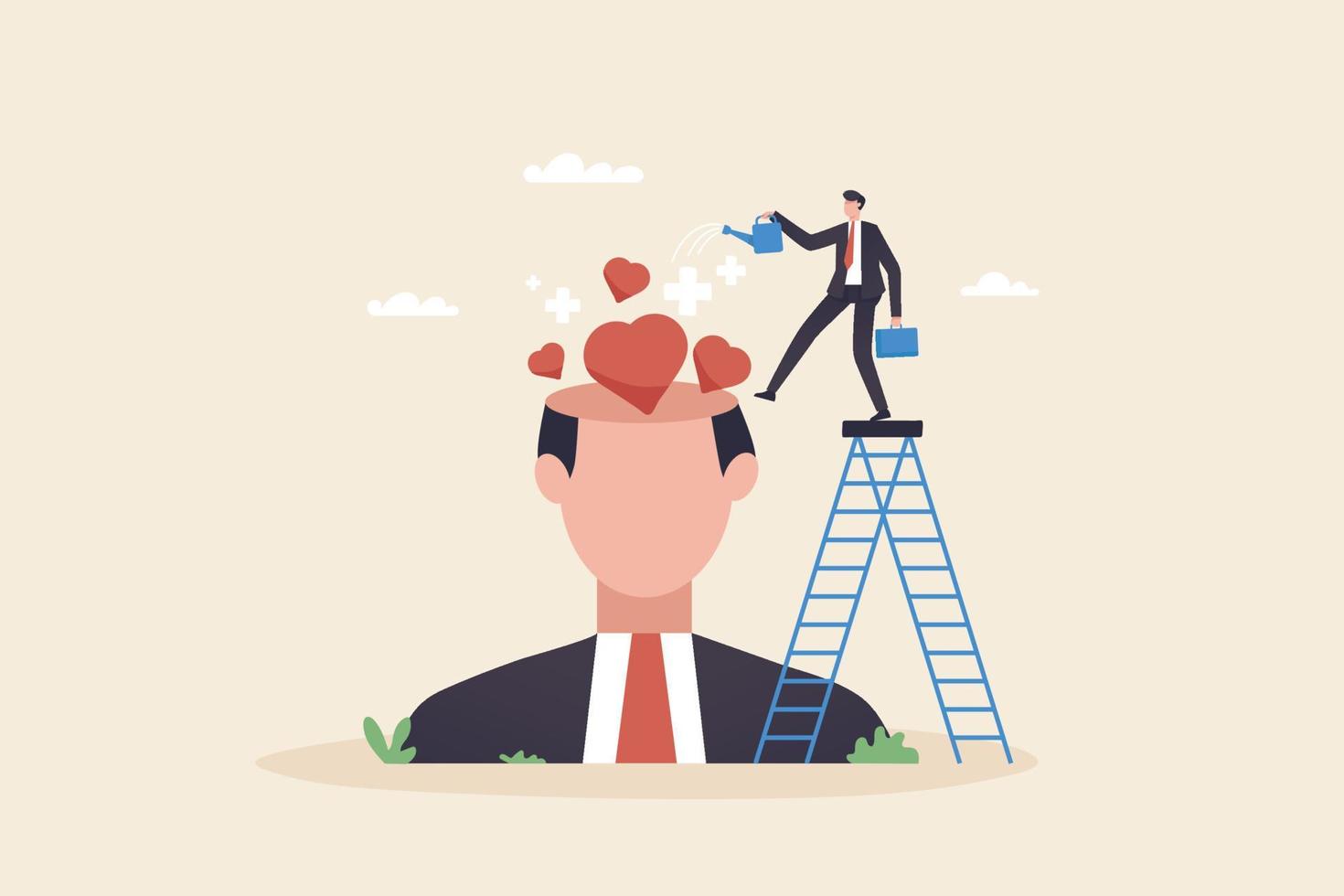 Passion for Motivation to Work for Success. Be optimistic or increase your attitude to work that you love to do. Businessman watering hearts on big heads. vector