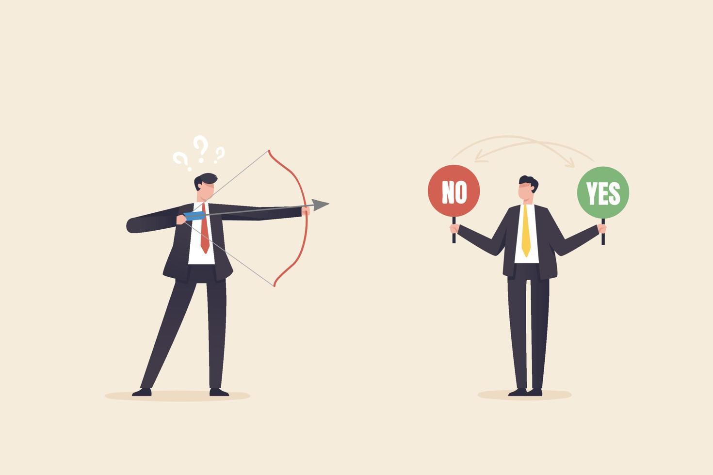 YES or NO, Right or wrong business decisions, true or false, right and wrong, alternative concept. Businessman aiming arrow at Yes or No word. vector