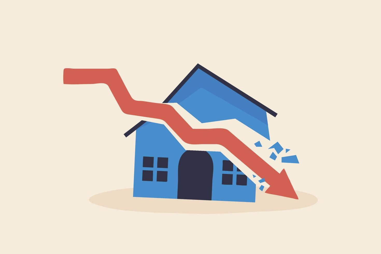 crisis inmobiliaria, deuda inmobiliaria o caída de los precios inmobiliarios. el concepto de bienes raíces de bajo costo. gráfico de flecha golpeando la casa. vector