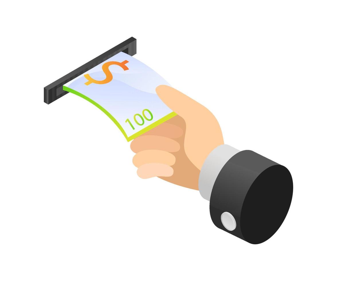 Isometric illustration of withdrawing money using an ATM machine vector