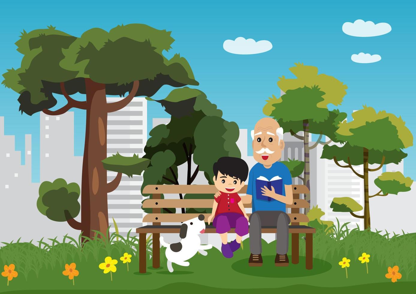 cartoon vector illustration of a little boy sitting with grandfather and  his little dog in the park 7609238 Vector Art at Vecteezy