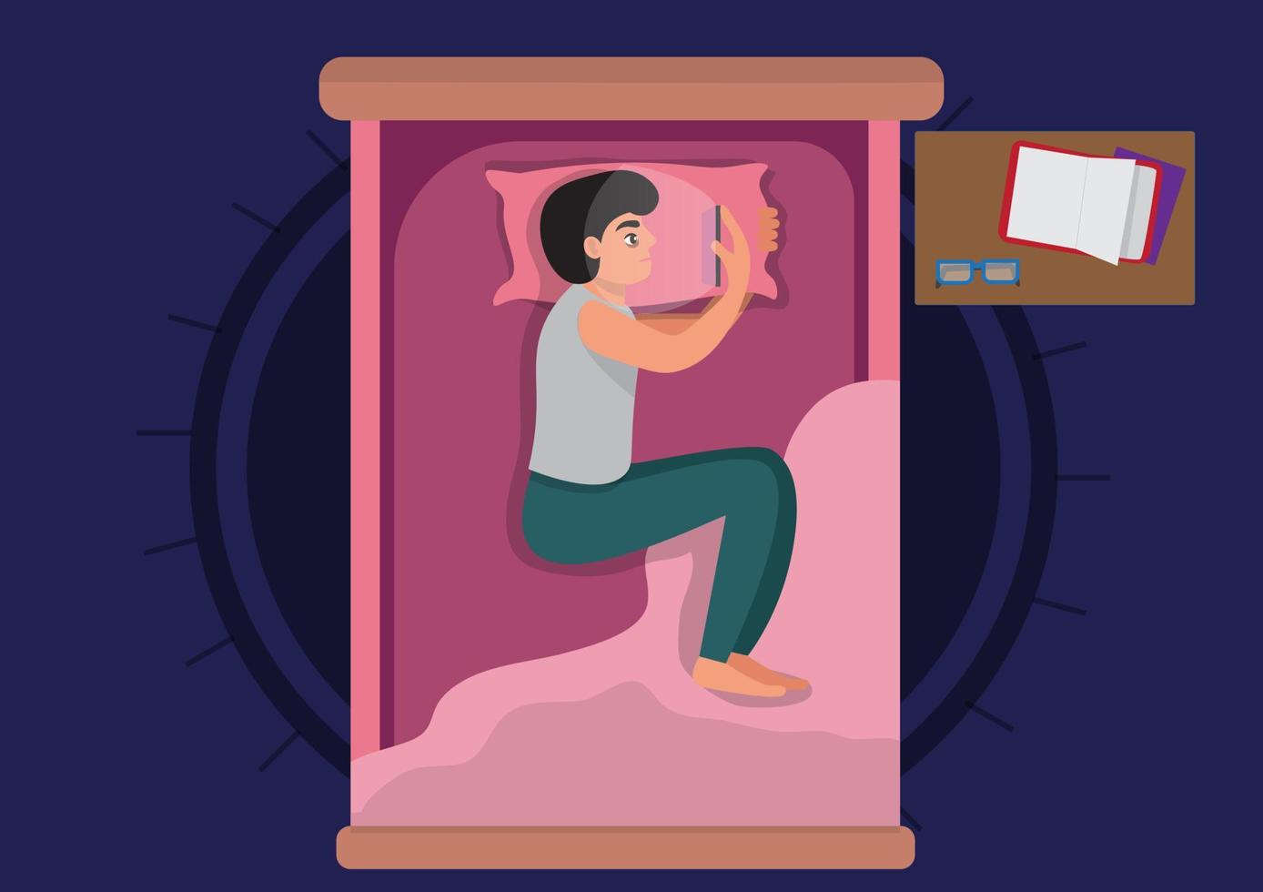 young man lying in bed with mobile phone suffers from insomnia vector illustration