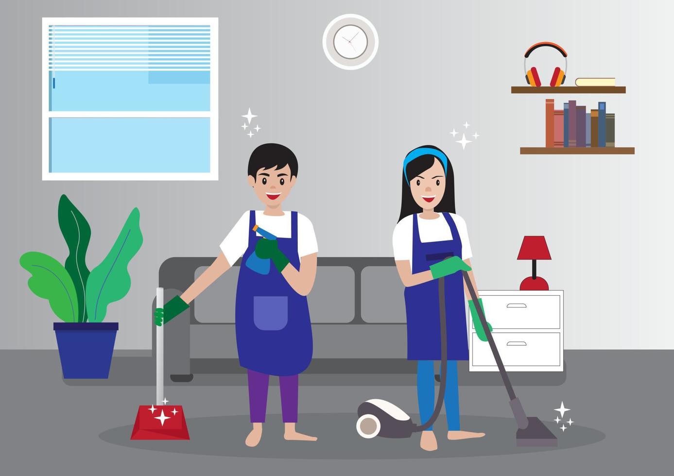 feliz pareja mujer hombre haciendo tareas domésticas marido y mujer limpiando la casa vector ilustración