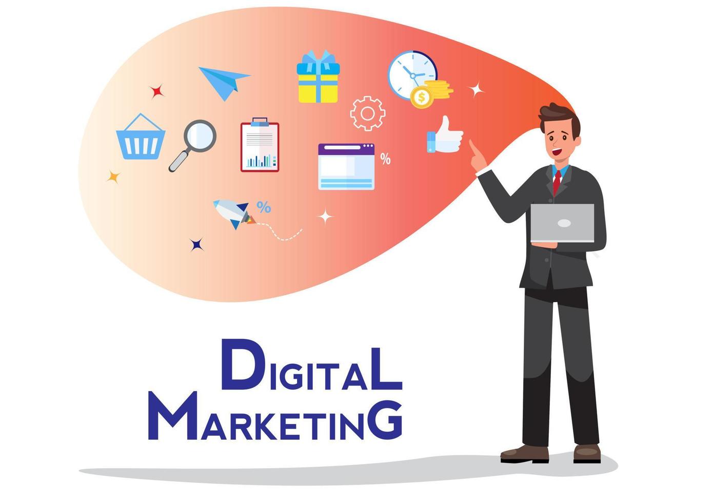 concept of digital marketing Male character portrayed in his head. To describe the digital market give a flat vector illustration with an icon.