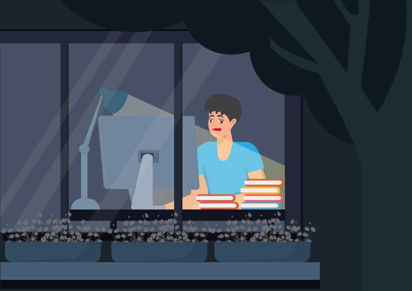 He took his work home and did it. because he didn't finish his work on time. he is very tired vector image