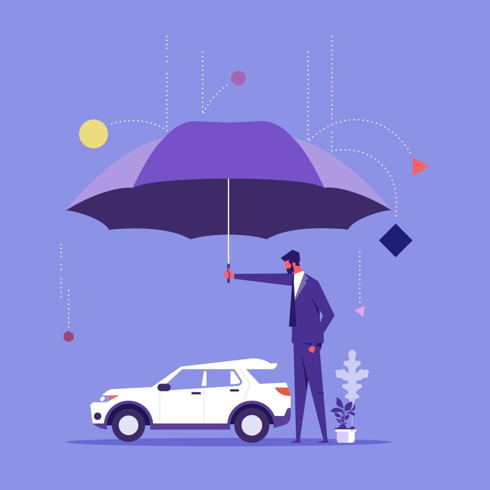 Car insurance, accident protection for vehicle, safety or assurance service concept, insurance agent stand with car under umbrella protection shield vector