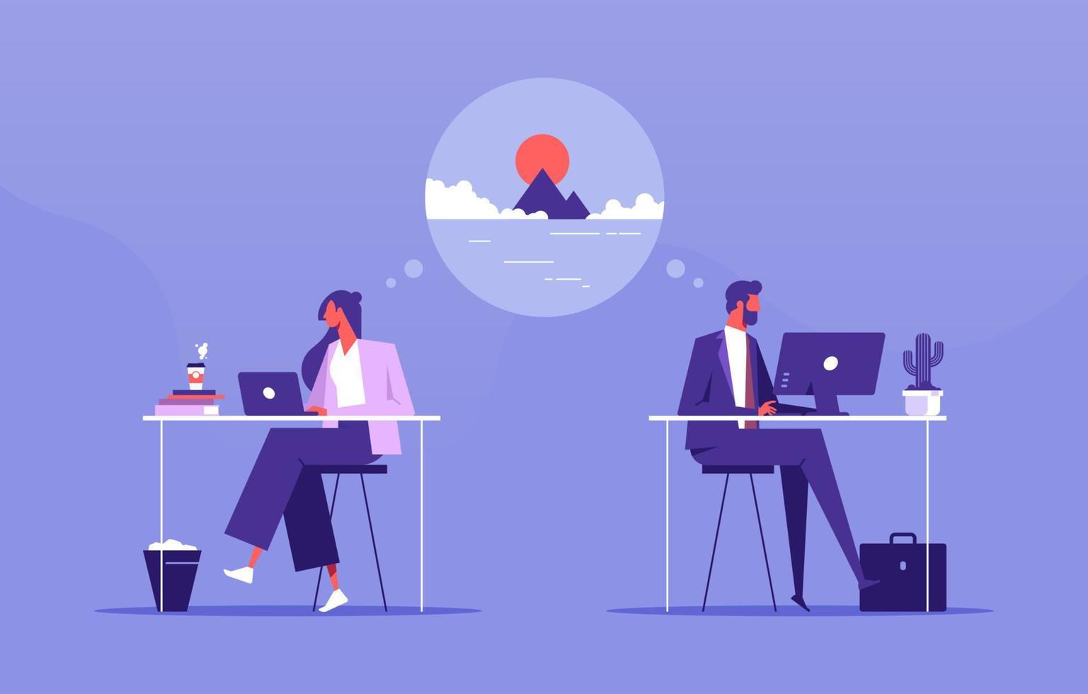 Overworked business people work at office and dream for vacation concept, two office workers dreaming of a vacation vector