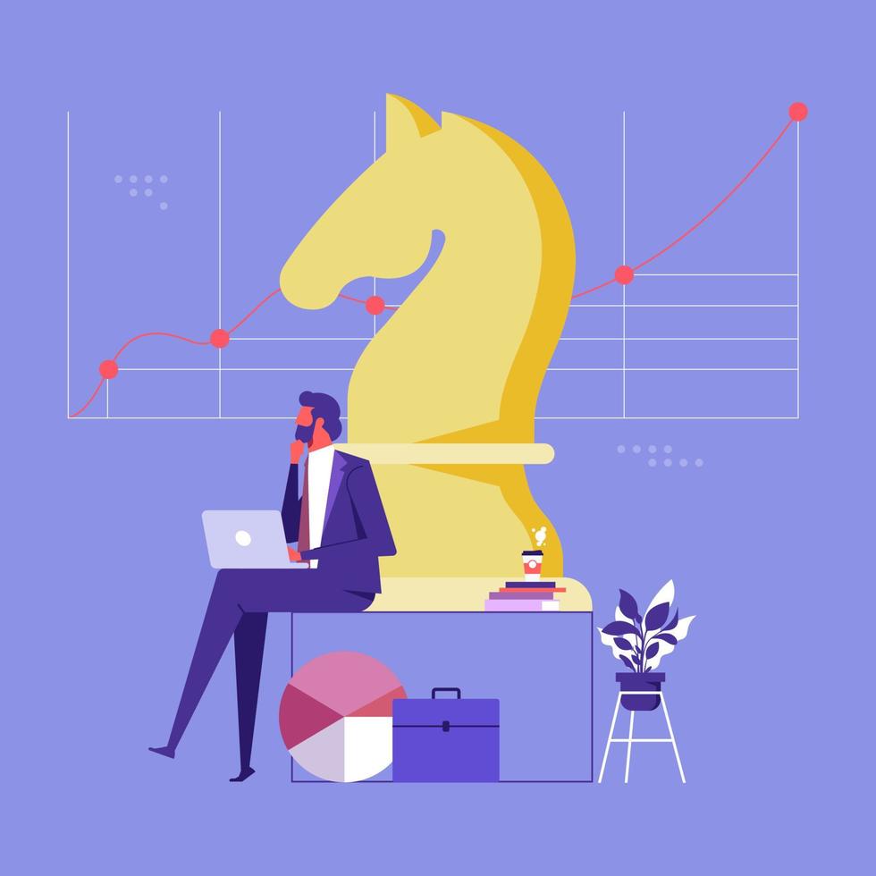 Business strategy, planning to achieve goal, management for company growth opportunity, smart businessman working with computer sit on target with chess knight and dashboard data vector
