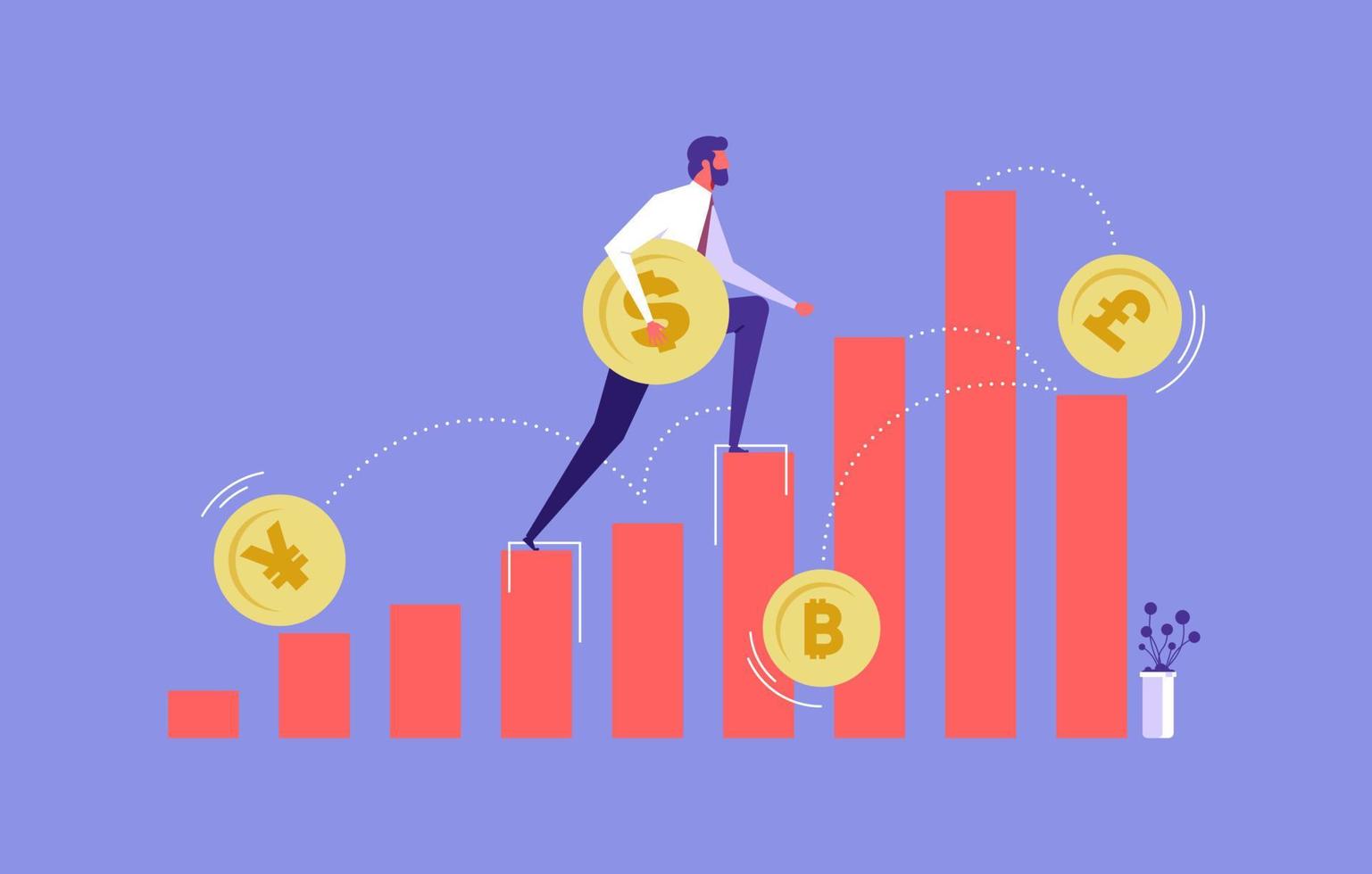 Businessman climbs chart, and carries Dollar Coin, market and currency exchange concept, money growth and profit chart, career growth to success vector