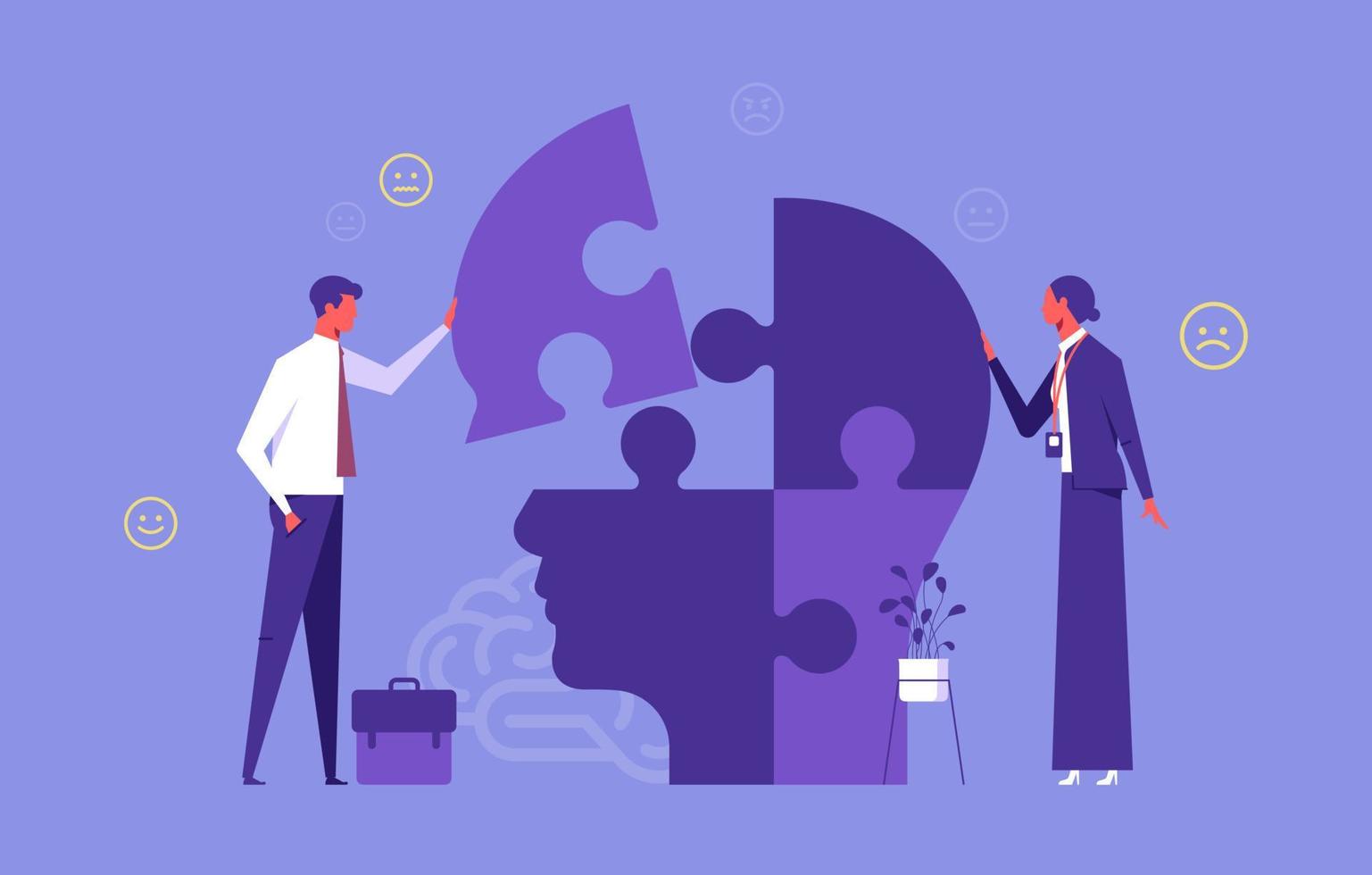 Support mental health medical treatment concept, psychologist people connecting jigsaw puzzle pieces of a big head together vector