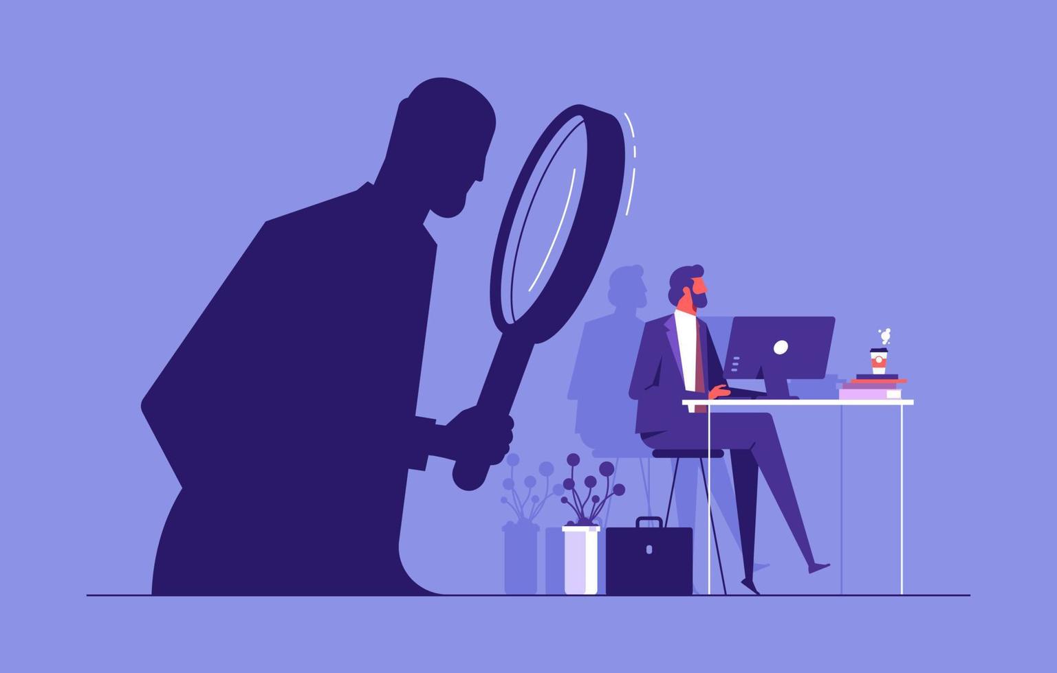 person sitting on a computer in his office while a stalker is watching him from the shadow without being noticed vector