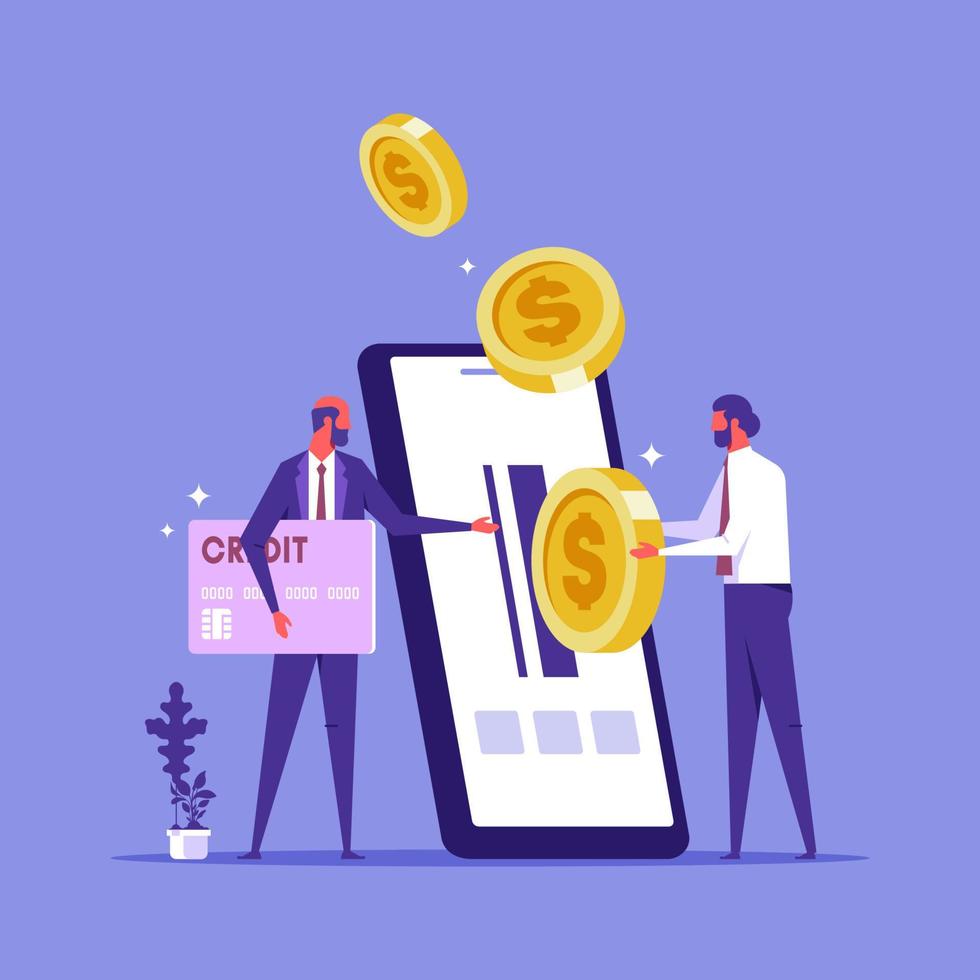 People making payment with smartphone app. Concept of secure mobile payment, online banking, card to card money transfer service, transaction, donation, digital wallet. Vector illustration.