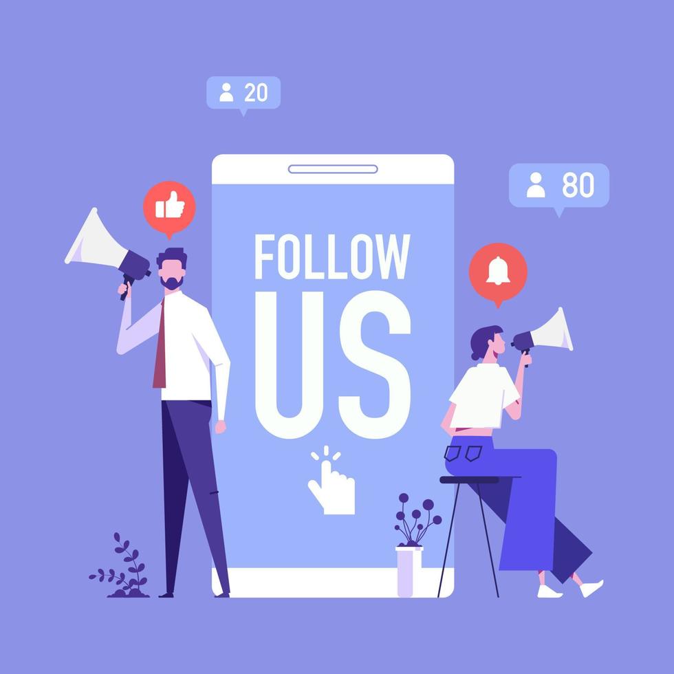 Vector illustration for internet advertisement, people holding smartphone with shouting in loud speaker. Influencer marketing, social media or network promotion