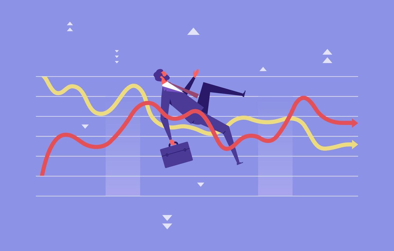 volatilidad de la inversión financiera, incertidumbre o cambio en el concepto de negocio y mercado de valores, el inversionista de negocios cae en la incertidumbre, el gráfico volátil de ganancias de flecha hacia arriba y hacia abajo vector