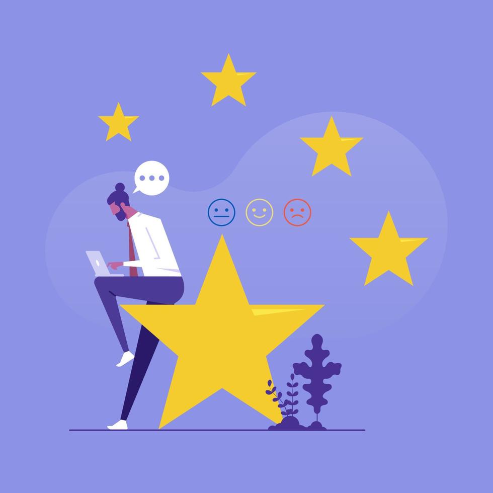 Rating on customer service illustration. Man sitting on star and holding tablet in his lap, rating feedback and review concept, flat vector illustration