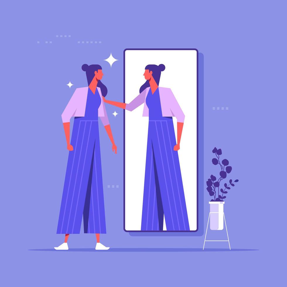 Self esteem or self care, believe in yourself improving confident, respect in your strong attitude concept, frustrated businesswoman looking at mirror with his shadow encourage her confidence vector
