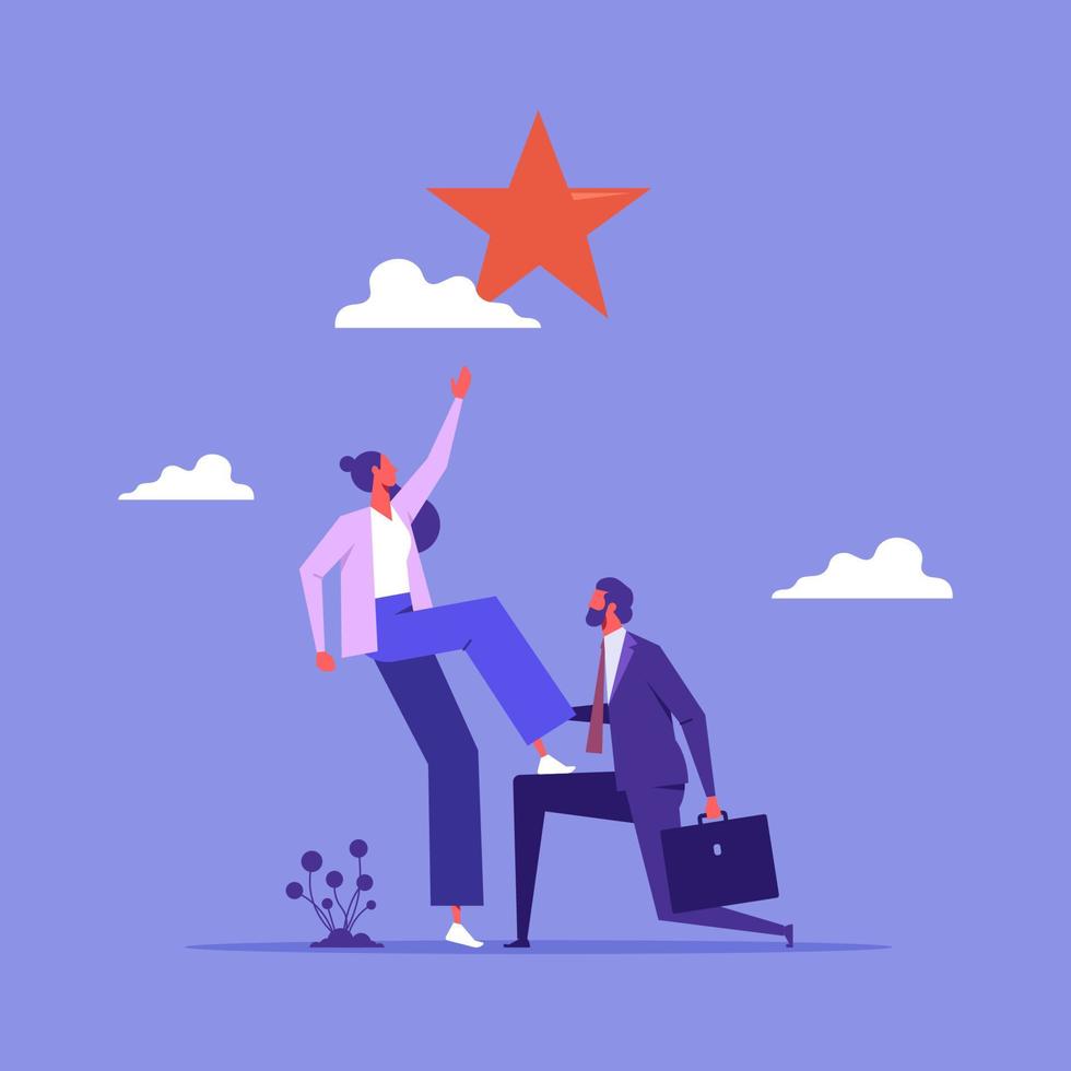 Teamwork or support to achieve business goal, partnership or manager mentorship to help success concept, businessman manager support colleague to stand on his knee to reach target vector
