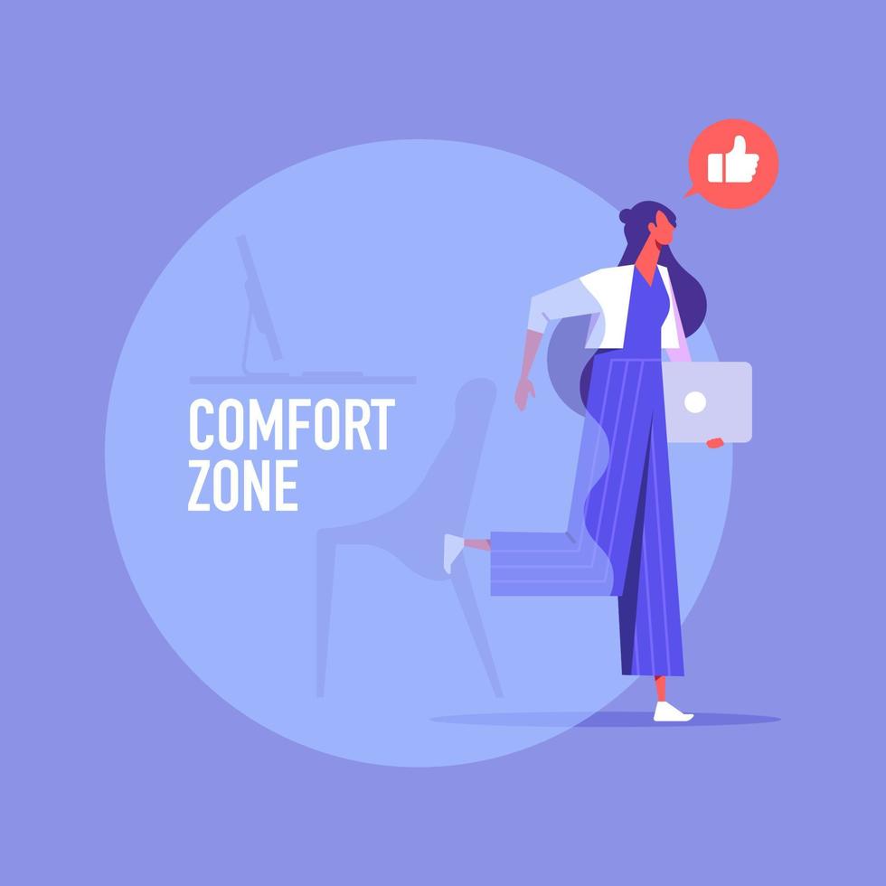 Exit from the comfort zone concept, businesswoman carefully stepping out of a comfort zone vector
