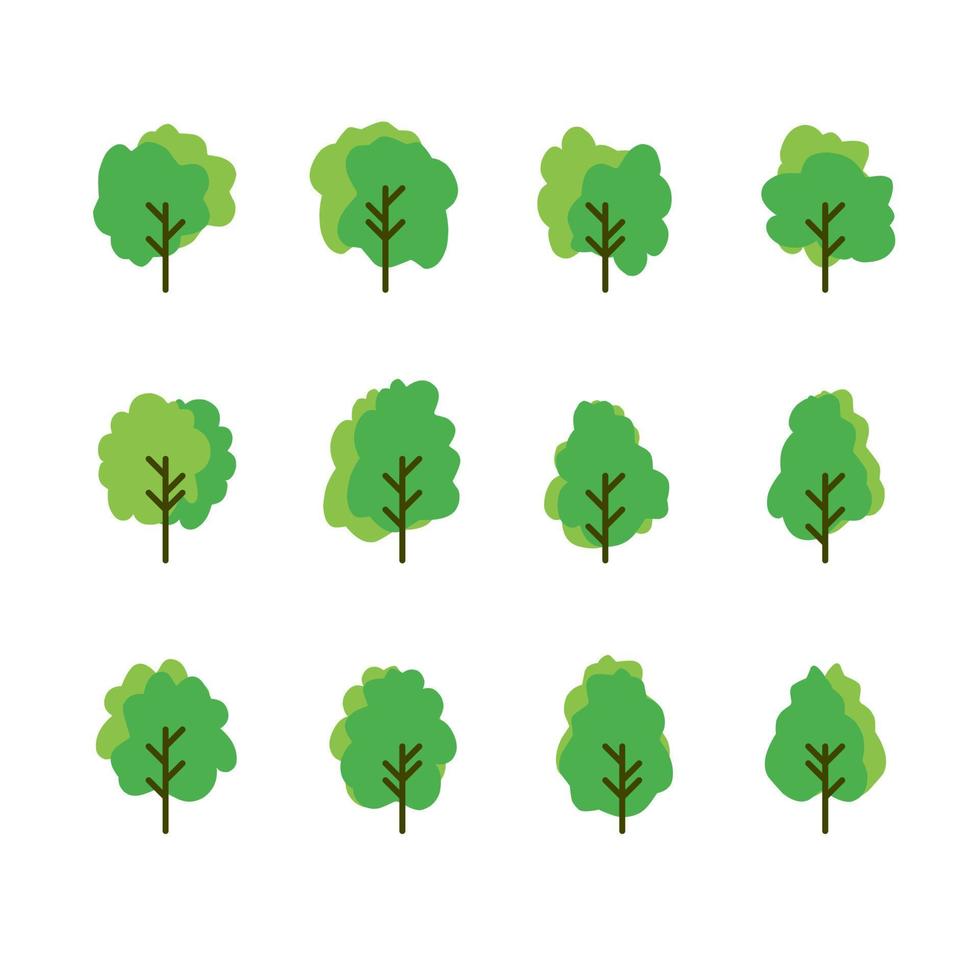 Set of collection tree icons. Flat set of tree vector icons on white background
