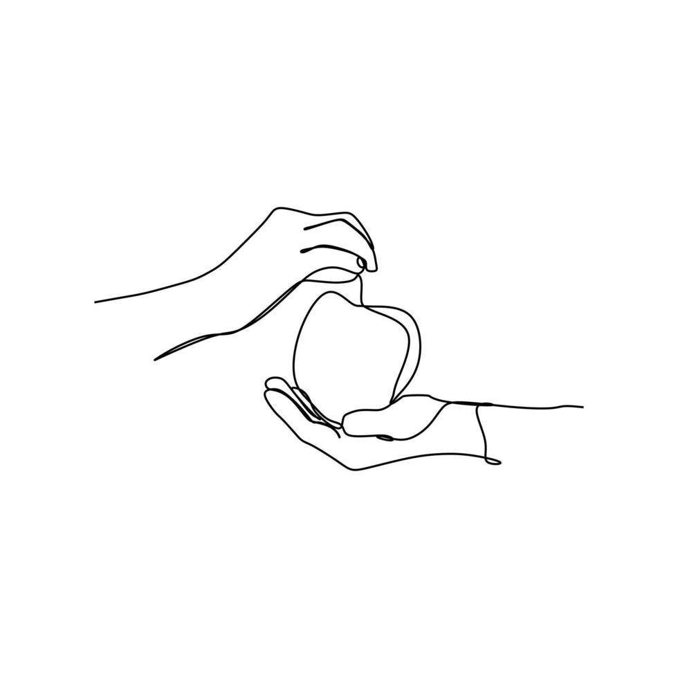 Continuous one line drawing giving a fruit to other. Simple hand drawn style for social life concept. Single line draw design vector graphic illustration