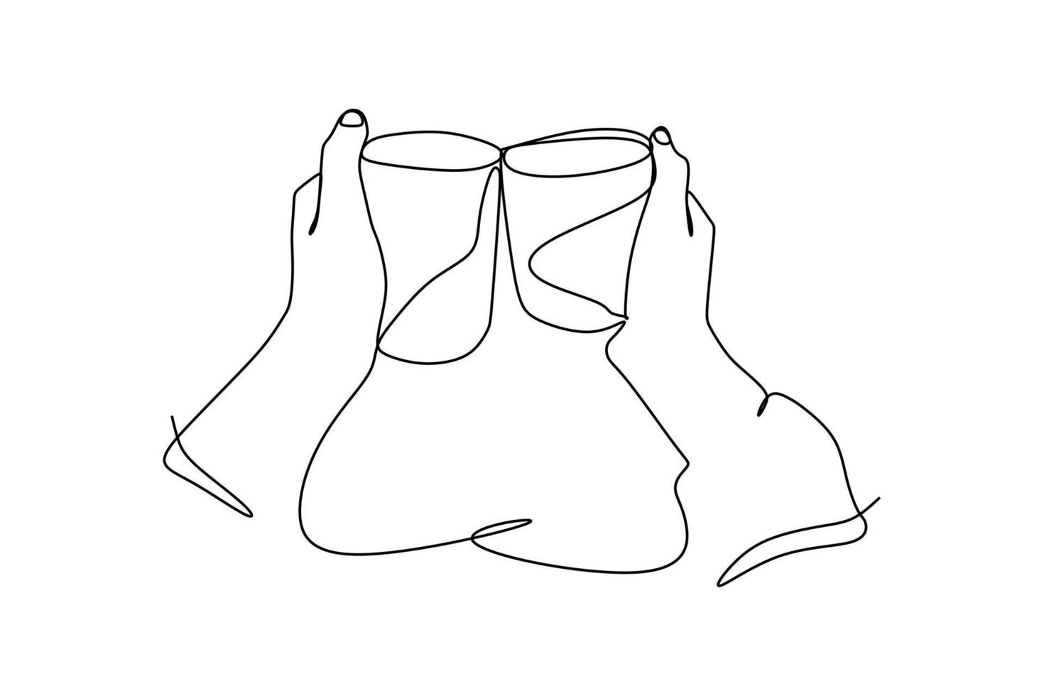 Single continuous line drawing couple toasting healthy juice drinks together at restaurant. Detox smoothie drink toast at summer holidays. Fruit juicing weight loss diet. One line draw design vector
