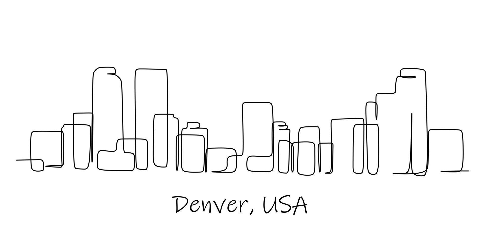 Single continuous line drawing of Denver city skyline, USA. Famous city scraper and landscape. World travel concept home decor wall art poster print. Modern one line draw design vector illustration