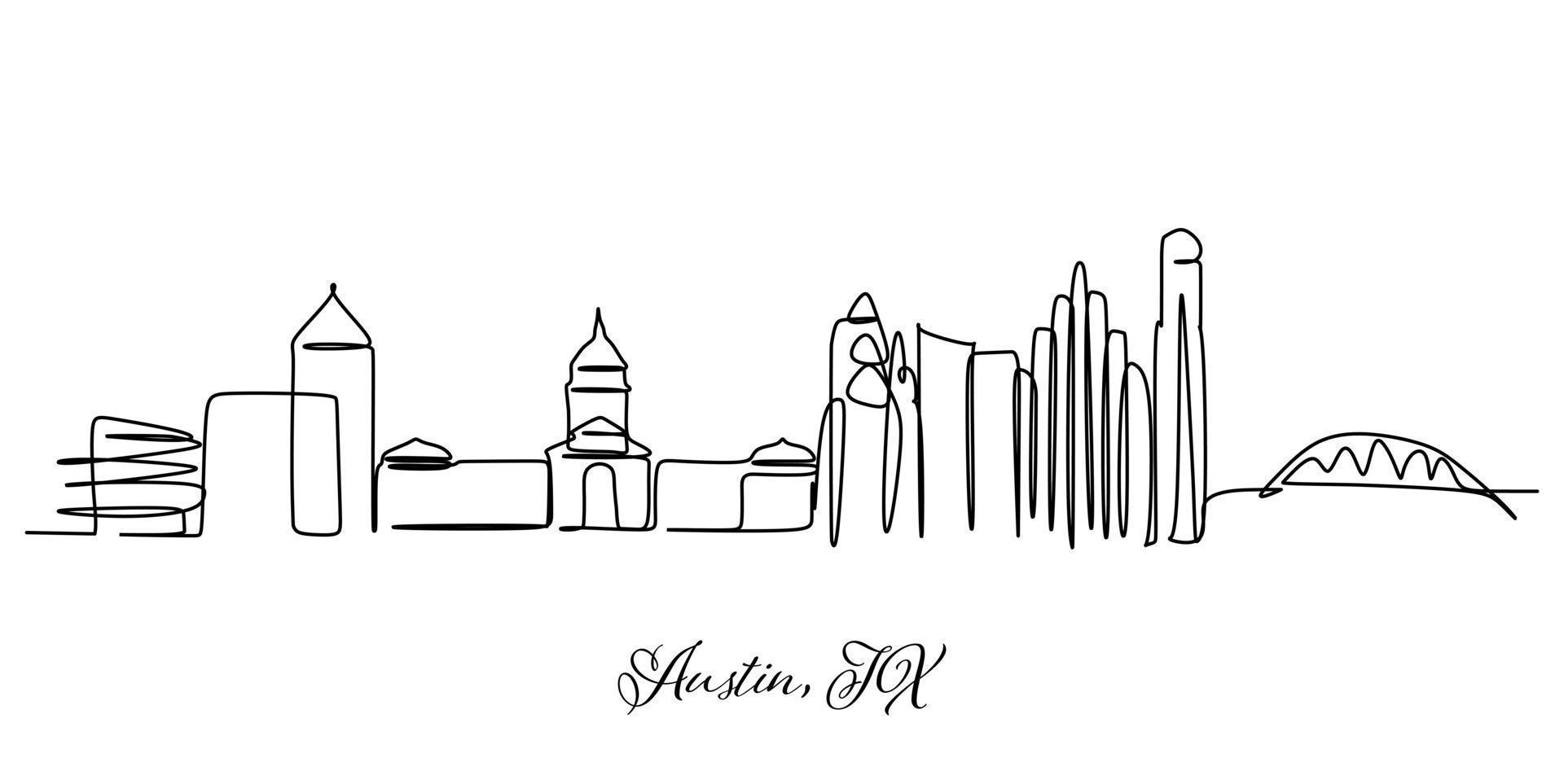 Single continuous line drawing of Austin Texas. Famous city skyscraper landscape. World travel postcard home decor wall art poster print concept. Modern one line draw design vector illustration