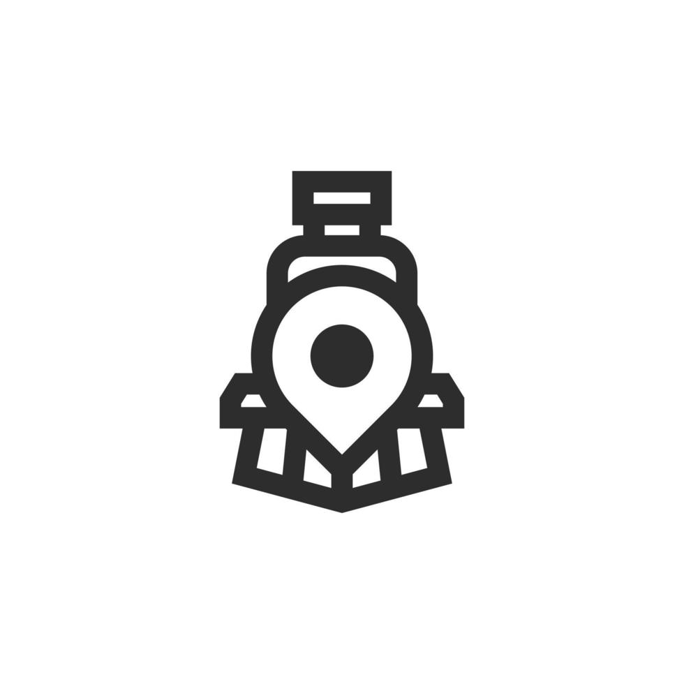 Journey on train line icon. Railway station location pin linear style sign for mobile concept and web design. Map marker with train outline vector icon. Symbol, logo illustration. Vector graphics