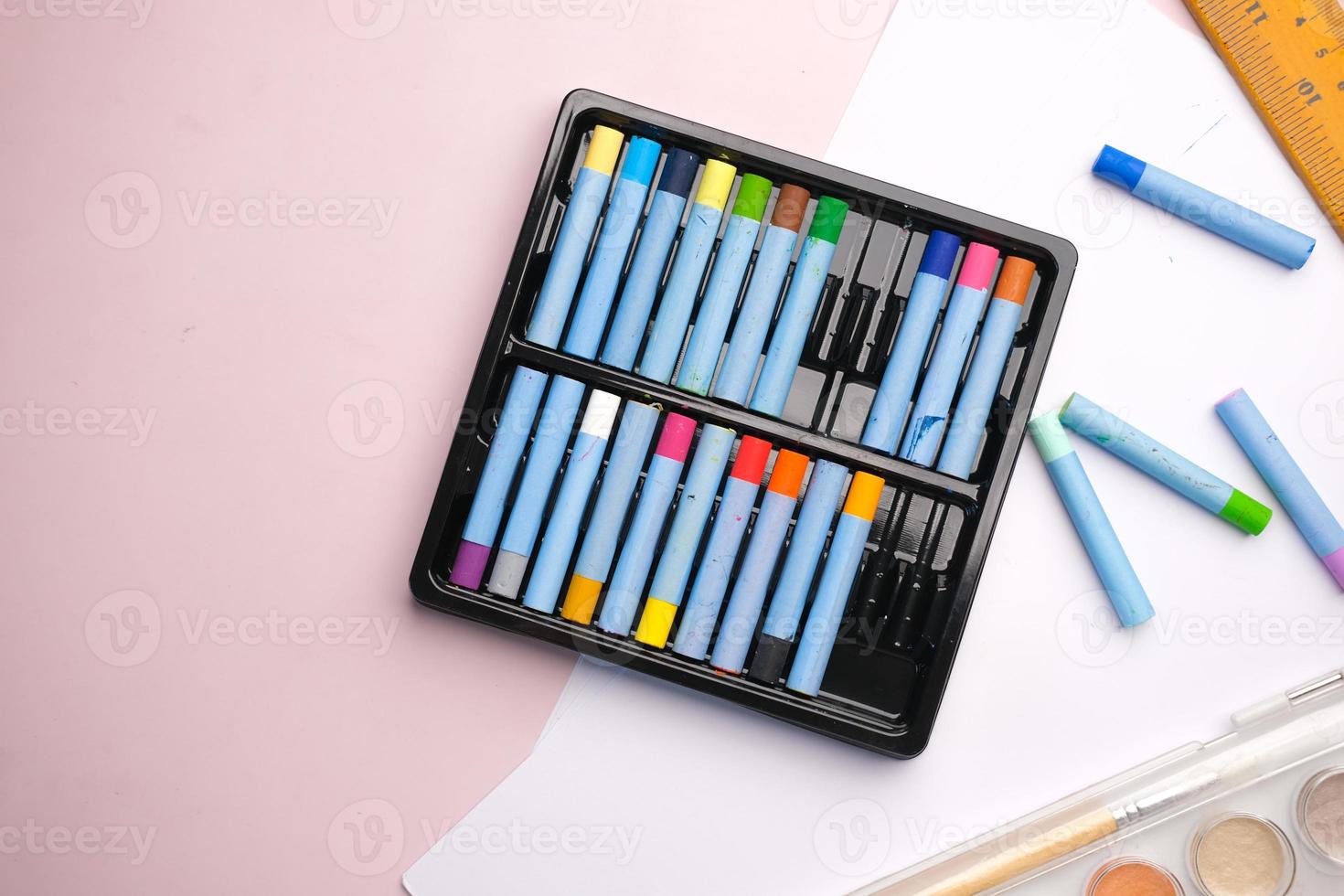 top view of art or drawing Color pencils in a box photo