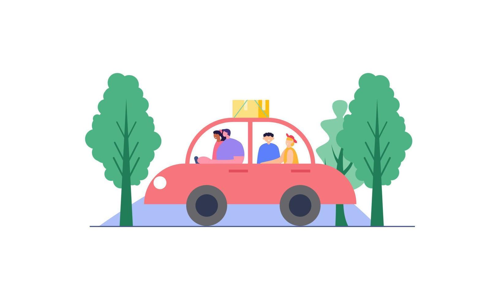 familia feliz viajando en coche ilustración. viaje, viaje por carretera, concepto de transporte vector