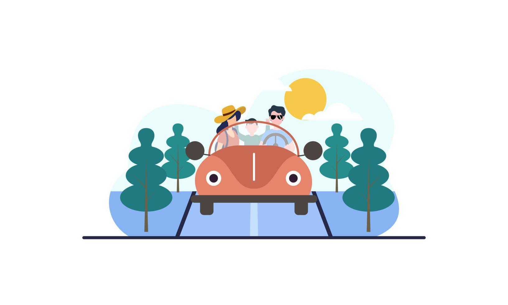 familia feliz viajando en coche ilustración. viaje, viaje por carretera, concepto de transporte vector