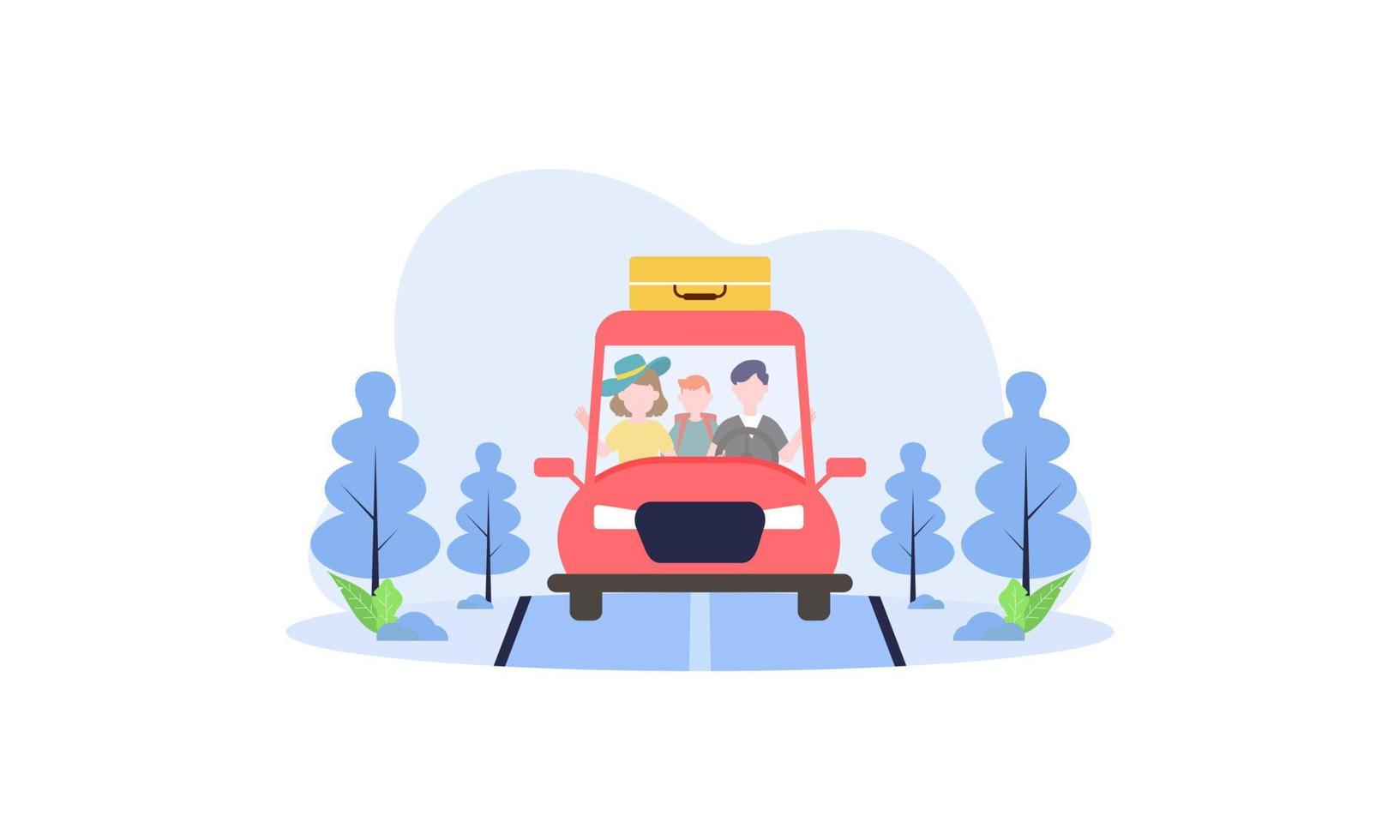 familia feliz viajando en coche ilustración. viaje, viaje por carretera, concepto de transporte vector