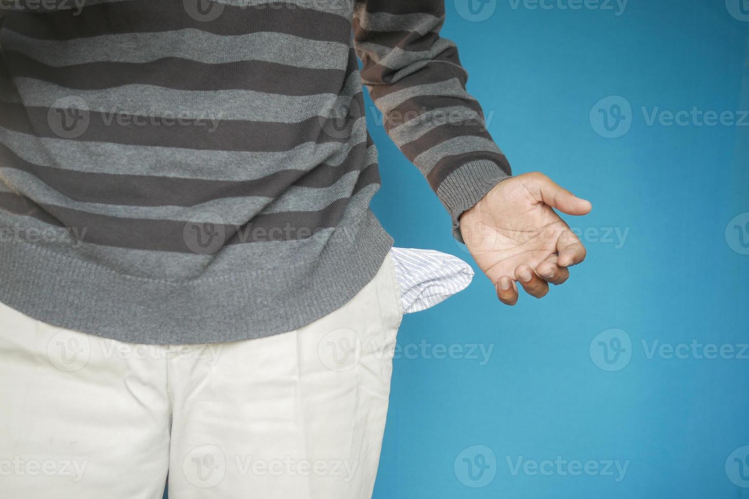 young man shows empty pant pocket with copy space photo