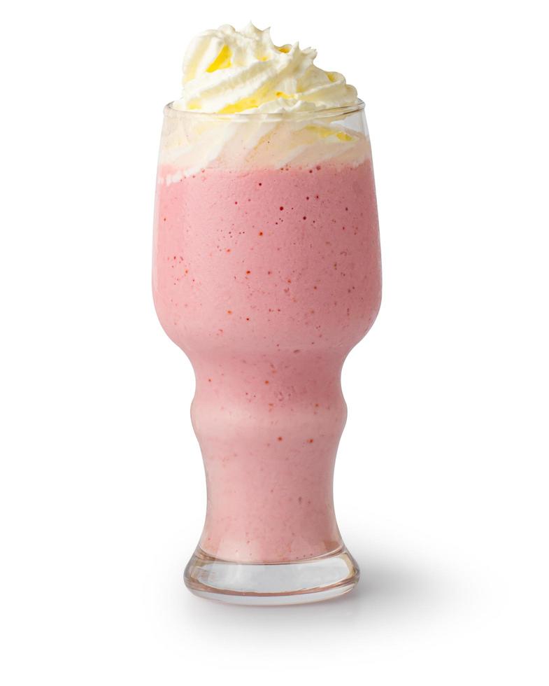 Glasses of fresh strawberry smoothie covered with whipped cream isolated on white background with Clipping Path. photo
