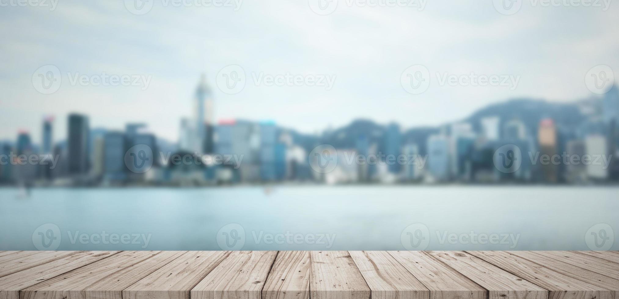 Empty light wood table top with landscape blurred background photo