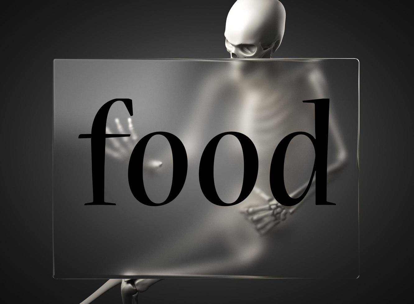 palabra de comida en vidrio y esqueleto foto